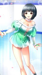 Rule 34 | 1girl, :d, bare legs, black hair, breasts, bridal gauntlets, brown eyes, cleavage, collarbone, doukyuusei, doukyuusei another world, dress, figure skating, figure skating dress, fur-trimmed sleeves, fur trim, game cg, green dress, ice skating, large breasts, lens flare, long sleeves, looking at viewer, official art, open mouth, petals, pleated dress, saitou ako, short dress, short hair, skating, smile, solo, straight hair