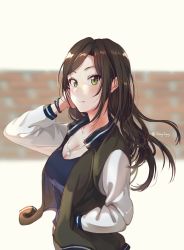Rule 34 | 1girl, adjusting hair, blue shirt, bracelet, breasts, brown hair, casual, cleavage, closed mouth, from side, green eyes, hand in pocket, highres, idolmaster, idolmaster cinderella girls, jacket, jewelry, long hair, looking at viewer, medium breasts, mukai takumi, open clothes, open jacket, shangzi, shirt, solo, upper body