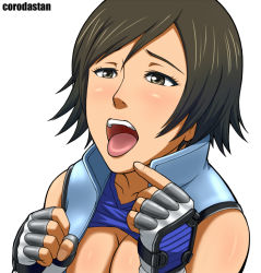 Rule 34 | 1girl, artist name, black hair, blush, breasts, brown eyes, brown hair, cleavage, clothes lift, commentary request, corodastan, fingerless gloves, gloves, hand guard, kazama asuka, open mouth, shirt lift, simple background, solo, tekken, tongue, tongue out, white background