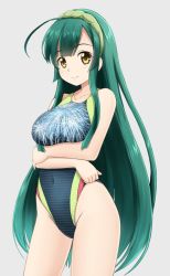 Rule 34 | 1girl, ahoge, alternate costume, blush, breast hold, breasts, closed mouth, competition swimsuit, covered navel, cowboy shot, crossed arms, eyebrows, fuuma nagi, green hair, grey background, hairband, highleg, highleg swimsuit, large breasts, long hair, looking at viewer, one-piece swimsuit, simple background, smile, solo, standing, swimsuit, touhoku zunko, very long hair, vocaloid, voiceroid, yellow eyes