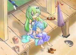 Rule 34 | 2girls, ankle boots, barefoot, blue hair, blue skirt, blush, boots, unworn boots, cat, closed umbrella, cup, day, detached sleeves, drinking glass, closed eyes, unworn footwear, frog hair ornament, from above, geta, green eyes, green hair, hair ornament, hair tubes, hand on another&#039;s head, hand on another&#039;s shoulder, kochiya sanae, lap pillow, leg hold, long hair, looking down, lying on person, multiple girls, mutsuraboshi (zyukutyoumt), nontraditional miko, oil-paper umbrella, one eye closed, outdoors, puffy short sleeves, puffy sleeves, short sleeves, sitting, skirt, skirt set, sleeping, smile, tatami, tatara kogasa, touhou, tray, umbrella, veranda, wind chime