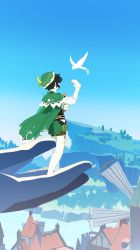 Rule 34 | 1boy, aqua hair, bird, black hair, building, cape, day, genshin impact, green cape, green hat, hat, instrument, long sleeves, lyre, male focus, multicolored hair, outdoors, pantyhose, shorts, sky, solo, standing, tou1, venti (genshin impact), vision (genshin impact), white pantyhose, windmill