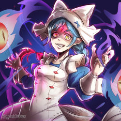 Rule 34 | 1girl, apron, blue hair, braid, braided ponytail, claws, fangs, fire emblem, fire emblem fates, fire emblem heroes, gzei, highres, lilith (fire emblem), looking at viewer, maid, maid apron, maid headdress, nintendo, pointy ears, slit pupils, yellow eyes