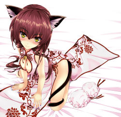Rule 34 | 1girl, all fours, animal ears, bare arms, bare shoulders, bed sheet, breasts, brown hair, cat ears, cat girl, cat tail, china dress, chinese clothes, cleavage cutout, clothing cutout, double bun, dress, floral print, from below, unworn headgear, unworn headwear, highres, kitou kaitai, large breasts, long hair, looking at viewer, original, side slit, smile, solo, tail