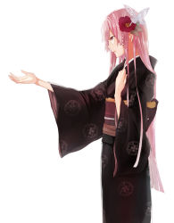 Rule 34 | 1girl, brown eyes, butterfly hair ornament, flower, hair flower, hair ornament, highres, japanese clothes, kimono, long hair, megurine luka, outstretched arm, pink hair, solo, vocaloid, yuki ikuy