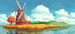 Rule 34 | blue sky, bridge, cloud, commentary, day, elenanazaire, english commentary, field, forest, hill, nature, no bra, original, outdoors, path, pixel art, reflection, reflective water, road, scenery, sky, town, tree, water, windmill, wooden bridge