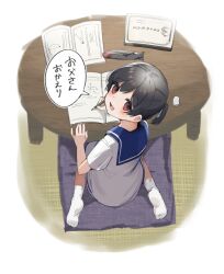 Rule 34 | 1girl, black hair, blush, book, cushion, dress, eraser, hiburi (kancolle), holding, holding pencil, kantai collection, low ponytail, one-hour drawing challenge, open book, open mouth, pencil, red eyes, sailor dress, short hair, short sleeves, smile, socks, solo, speech bubble, table, translation request, white dress, white socks, yamashichi (mtseven), zabuton