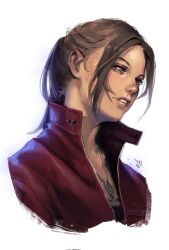 Rule 34 | 1girl, black skirt, brown hair, claire redfield, ericson blum, grey eyes, highres, jacket, jewelry, lips, long hair, looking to the side, necklace, parted bangs, parted lips, ponytail, popped collar, portrait, red jacket, resident evil, resident evil 2, resident evil 2 (remake), signature, skirt, solo, white background