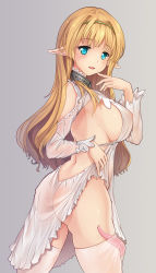 Rule 34 | 10s, 1girl, ass, backless dress, backless outfit, blonde hair, blue eyes, blunt bangs, breasts, clothes lift, collar, commentary request, covered erect nipples, dress, dress lift, elf, from behind, gradient background, hairband, hand to own mouth, highres, huge breasts, isekai maou to shoukan shoujo no dorei majutsu, lifting own clothes, long hair, looking back, metal collar, no bra, no panties, open mouth, pointy ears, rhineheim, see-through, see-through dress, shera l. greenwood, sideboob, smile, solo, standing, tentacles, tentacles under clothes, thighhighs, white dress, white thighhighs