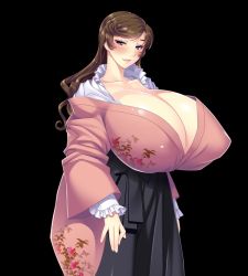 Rule 34 | 1girl, black background, blush, breasts, cleavage, gigantic breasts, highres, japanese clothes, kimono, kouno sayuki, long hair, solo, tagme, takahashi record