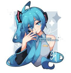 Rule 34 | 1girl, ahoge, artist name, blue eyes, blue hair, blue nails, blue necktie, closed mouth, collared shirt, commentary, cropped torso, detached sleeves, english commentary, grey shirt, hand up, hatsune miku, headphones, highres, long hair, looking at viewer, meme, necktie, sandragh, shirt, side ponytail, sidetail miku noodle stopper (meme), simple background, sleeveless, sleeveless shirt, smile, solo, vocaloid, white background