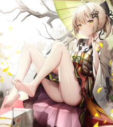 Rule 34 | 1girl, absurdres, arknights, barefoot, blonde hair, blush, feet, has bad revision, has censored revision, highres, long hair, looking at viewer, no panties, pussy, scene (arknights), soles, toes, yellow eyes
