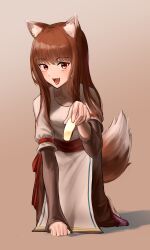 Rule 34 | 1girl, :d, all fours, animal ear fluff, animal ears, blunt bangs, blush, bright pupils, brown dress, brown hair, commentary, dress, fangs, full body, hand up, highres, holo, koide 7285, light brown background, long hair, looking at viewer, open mouth, puffy short sleeves, puffy sleeves, red eyes, shirt, short sleeves, sidelocks, simple background, sleeves past wrists, smile, solo, spice and wolf, straight hair, tail, teeth, tsurime, white shirt, wolf ears, wolf girl, wolf tail