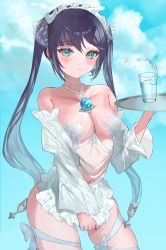Rule 34 | 1girl, absurdres, alternate costume, apron, apron pull, bare shoulders, bikini, black hair, blue background, blush, breasts, cleavage, closed mouth, clothes pull, detached sleeves, genshin impact, glass, green eyes, hair ornament, hair ribbon, halterneck, highres, holding, holding tray, leg ribbon, long hair, looking at viewer, maid, maid apron, maid bikini, maid headdress, medium breasts, mona (genshin impact), navel, ribbon, solo, star (symbol), star hair ornament, swimsuit, syotaisverycute, thigh ribbon, tray, twintails, unconventional maid, vision (genshin impact), waist apron, water, white bikini, white sleeves