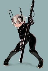 Rule 34 | 1girl, black bodysuit, bodysuit, breasts, brown eyes, commentary request, full body, hair between eyes, headgear, highres, holding, holding sword, holding weapon, latex, leaning forward, legs apart, looking at viewer, medium breasts, no nose, no pupils, original, sakamoto ahiru, shiny clothes, short hair, simple background, skin tight, smile, solo, standing, sword, vambraces, weapon, white hair