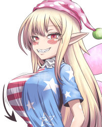 Rule 34 | 1girl, alternate breast size, american flag dress, american flag print, american flag shirt, blonde hair, breasts, clownpiece, collared shirt, commentary request, fairy wings, gero zoukin, hat, jester cap, large breasts, long sleeves, looking at viewer, pointy ears, print shirt, red eyes, sharp teeth, shirt, solo, teeth, touhou, wings