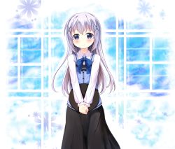Rule 34 | 1girl, black skirt, blue background, blue bow, blue bowtie, blue eyes, blue hair, blue vest, blush, bow, bowtie, buttons, closed mouth, collared shirt, commentary request, cowboy shot, flat chest, flower, gochuumon wa usagi desu ka?, hair ornament, hairclip, highres, holding, holding tray, kafuu chino, light blue hair, long hair, long skirt, long sleeves, looking at viewer, rabbit house uniform, shirt, sidelocks, skirt, smile, solo, standing, tray, uneune, uniform, vest, white shirt, wing collar, x hair ornament
