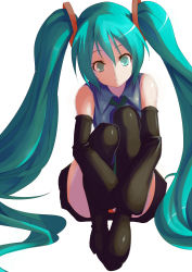 Rule 34 | 1girl, detached sleeves, green eyes, green hair, hatsune miku, highres, hugging own legs, long hair, matching hair/eyes, neav, simple background, sitting, sleeves past wrists, solo, thighhighs, twintails, very long hair, vocaloid, white background