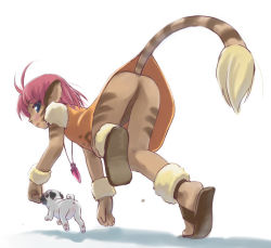 Rule 34 | 1990s (style), 1girl, animal ears, antenna hair, ass, blue eyes, blush, bottomless, cat ears, cat tail, dog, dress, jewelry, looking back, merle (tenkuu no escaflowne), necklace, no panties, non-web source, pink hair, pussy, retro artstyle, sandals, simple background, solo, tail, tenkuu no escaflowne, uncensored, white background