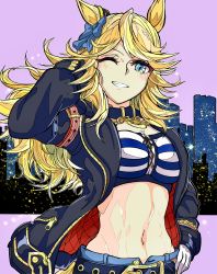 Rule 34 | 1girl, absurdres, animal ears, arm up, bandeau, black collar, black jacket, blonde hair, blue bow, blue eyes, blush, bow, breasts, chain, cleavage, collar, collarbone, commentary request, denim, denim shorts, ear bow, eyebrows hidden by hair, gloves, gold chain, gold city (umamusume), grin, hand in own hair, hand on own hip, highres, horse ears, horse girl, horse tail, jacket, jose (joseeidossei), long hair, long sleeves, looking at viewer, medium breasts, midriff, navel, one eye closed, open clothes, open jacket, purple background, shorts, sidelocks, smile, solo, standing, stomach, striped bandeau, swept bangs, tail, teeth, umamusume, upper body, white gloves