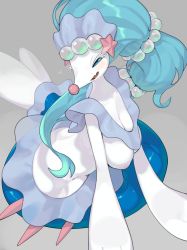 Rule 34 | 1girl, absurdres, animal nose, arm support, bad id, bad twitter id, blue eyes, blue hair, blush, breasts, cleavage, colored eyelashes, colored skin, creatures (company), fang, female focus, furry, furry female, game freak, gen 7 pokemon, grey background, half-closed eyes, happy, heart, highres, kame (3t), large breasts, leaning forward, light blush, long hair, mermaid, monster girl, nintendo, nipples, open mouth, pearl hair ornament, pokemon, pokemon (creature), primarina, sideways mouth, simple background, sitting, skin fang, smile, snout, solo, starfish hair ornament, white skin