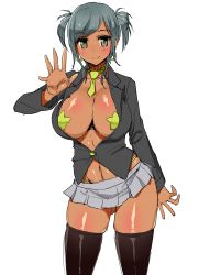 Rule 34 | 1girl, absurdres, blush, breasts, brown thighhighs, closed mouth, earrings, gluteal fold, green necktie, grey eyes, grey hair, grey shirt, hand up, highres, hoop earrings, jewelry, large breasts, long sleeves, looking at viewer, microskirt, miniskirt, navel, necktie, original, panty straps, pasties, pleated skirt, shirt, short hair, short necktie, skirt, smile, solo, standing, star pasties, thighhighs, transparent background, twintails, uo denim, waving