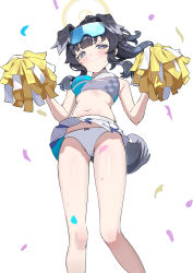 Rule 34 | 1girl, absurdres, animal ears, bare shoulders, blue archive, blush, breasts, cheerleader, confetti, crop top, dog ears, dog girl, dog tail, eyewear on head, from below, goggles, goggles on head, halo, hibiki (blue archive), hibiki (cheer squad) (blue archive), highres, holding, holding pom poms, looking at viewer, medium breasts, midriff, millennium cheerleader outfit (blue archive), miniskirt, navel, panties, pantyshot, pom pom (cheerleading), pom poms, skirt, solo, tail, tamago (eva1314056), underwear