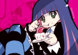 Rule 34 | 10s, 1girl, aqua eyes, blue hair, blunt bangs, cake, character name, colored inner hair, eating, food, halftone, long hair, multicolored hair, official style, panty &amp; stocking with garterbelt, solo, stocking (psg), striped clothes, striped thighhighs, thighhighs, zankuro
