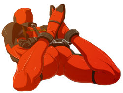 Rule 34 | 1boy, arms behind back, ass, bdsm, bodysuit, bondage, boots, bound, bound ankles, bulge, collar, deadpool, deadpool (series), from behind, full body, gloves, male focus, marvel, mask, muscular, skin tight, solo, transparent background, white background