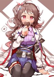 Rule 34 | 1girl, ahoge, arknights, arm support, asymmetrical legwear, belt pouch, black thighhighs, blue skin, blush, candy, chocolate, chocolate heart, coat, collared shirt, colored skin, cowboy shot, eyjafjalla (arknights), food, frilled sleeves, frills, hair ribbon, hasumi takashi, heart, highres, holding, holding chocolate, holding food, horns, id card, long hair, long sleeves, looking at viewer, pantyhose, pink shirt, pleated skirt, pouch, red eyes, red ribbon, ribbon, sheep girl, sheep horns, shirt, side ponytail, single thighhigh, sitting, skirt, solo, spoken heart, thighhighs, torn clothes, torn pantyhose, torn sleeves, white coat, white sleeves