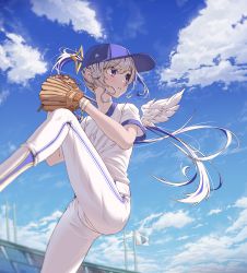 Rule 34 | 1girl, absurdres, amane kanata, baseball cap, baseball glove, baseball uniform, blue sky, blush, cloud, copyright name, day, earrings, feathered wings, feet out of frame, hat, highres, hololive, jewelry, leg up, long hair, multicolored hair, outdoors, pants, parted lips, ponytail, purple eyes, purple hair, purple hat, shirt, short sleeves, silver hair, sky, solo, sportswear, standing, standing on one leg, two-tone hair, very long hair, virtual youtuber, white pants, white shirt, white wings, wings, yozora (1wkdgusdn)