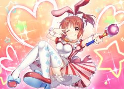 Rule 34 | 1girl, :d, abe nana, animal ears, bad id, bad pixiv id, bishie sparkle, blush, bow, breasts, brown eyes, brown hair, carrot necklace, closed mouth, cuffs, dress, fake animal ears, frilled dress, frills, glowing, hair bow, heart, high ponytail, highres, ichiren namiro, idolmaster, idolmaster cinderella girls, jewelry, medium breasts, necklace, one eye closed, open mouth, ponytail, rabbit ears, shoes, short sleeves, sitting, smile, solo, sparkle, sparkle background, thighhighs, tongue, tongue out, underwear, v, wand, white thighhighs
