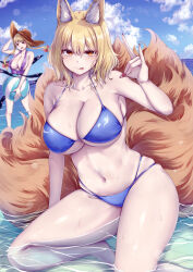 Rule 34 | &gt; &lt;, 2girls, :p, absurdres, animal ears, ball, beachball, bikini, blonde hair, blue bikini, blue sky, breasts, brown headwear, casual one-piece swimsuit, cleavage, closed mouth, cloud, commentary request, fox ears, fox girl, fox shadow puppet, fox tail, gap (touhou), highres, horizon, kitsune, large breasts, looking at viewer, mirufui, multi-strapped bikini bottom, multiple girls, multiple tails, nail polish, navel, one-piece swimsuit, outdoors, purple one-piece swimsuit, red nails, short hair, skindentation, sky, solo focus, swimsuit, tail, tongue, tongue out, touhou, wading, yakumo ran, yakumo yukari