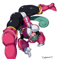 Rule 34 | 1girl, android, anus, armor, ass, breasts, cleft of venus, covered erect nipples, green hair, happy, highres, huge ass, huge breasts, large breasts, marino (mega man), nipples, pussy, radlionheart, mega man (series), mega man x (series), mega man x: command mission, skin tight, smile, spread legs, tagme, tight clothes, v