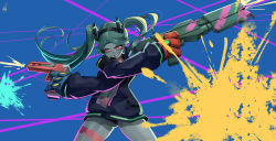 Rule 34 | 1girl, absurdres, back-to-back, black jacket, black panties, blue background, colored sclera, colored skin, crossed arms, cy9, cyberpunk (series), cyberpunk edgerunners, cyborg, firing, floating hair, green eyes, green hair, gun, hair ornament, handgun, highres, holding, holding gun, holding weapon, jacket, leg tattoo, long hair, long sleeves, mechanical arms, navel, open clothes, open jacket, panties, parted lips, rebecca (cyberpunk), red pupils, red sclera, signature, smile, solo, standing, stomach, stomach tattoo, tattoo, thighs, twintails, underwear, weapon, white skin, wide sleeves, yellow background