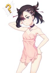 Rule 34 | 1girl, ?, aqua eyes, arm behind head, asymmetrical hair, bare shoulders, black choker, black hair, breasts, choker, cleavage, closed mouth, collarbone, creatures (company), dress, game freak, gazing eye, hand on own hip, highres, looking at viewer, marnie (pokemon), nintendo, off shoulder, pink dress, pokemon, pokemon swsh, short hair, simple background, small breasts, solo, spoken question mark, white background