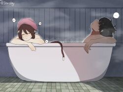 ... 1boy 1girl animal_ears bathtub black_hair brown_hair cat_ears cat_girl cat_tail commentary hashtag-only_commentary heart ibispaint_(medium) mixed-sex_bathing original shared_bathing spoken_ellipsis spoken_heart steam tail tamachi_sa tile_floor tiles towel towel_on_head