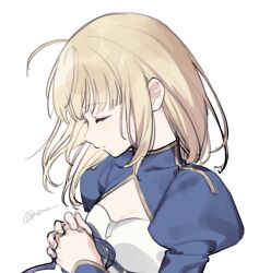 Rule 34 | 1girl, ahoge, artoria pendragon (all), artoria pendragon (fate), blonde hair, braid, breasts, cleavage cutout, closed eyes, closed mouth, clothing cutout, commentary, dress, fate/stay night, fate (series), hair ribbon, long sleeves, medium breasts, nozawa noko, own hands together, ribbon, saber (fate), solo, white background