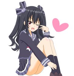 Rule 34 | 1girl, black hair, black thighhighs, blush, brown footwear, crawford (semochan), hair ornament, hair ribbon, heart, long hair, looking at viewer, neptune (series), one eye closed, open mouth, red eyes, ribbon, school uniform, simple background, sitting, solo, thighhighs, twintails, two side up, uni (neptunia), v, white background