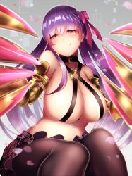 Rule 34 | 10s, 1girl, bare shoulders, black pantyhose, blush, breasts, claws, fate/extra, fate/extra ccc, fate/grand order, fate (series), hair ribbon, huge breasts, koruta (nekoimo), long hair, looking at viewer, pantyhose, passionlip (fate), purple eyes, purple hair, ribbon, smile, solo, very long hair, weapon