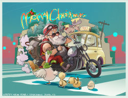 Rule 34 | absurdres, adapted costume, backpack, bag, beard, bird, blue eyes, chick, christmas, commentary request, driving, egg, facial hair, fat, fat man, goggles, goggles on head, goose, helmet, highres, huge filesize, merry christmas, motor vehicle, motorcycle, mullet, old, old man, original, rudolph the red nosed reindeer, santa claus, scarf, shoulder tattoo, snowman, supandaman, tattoo, taxi, thumbs up