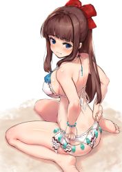 Rule 34 | 10s, 1girl, adjusting clothes, adjusting swimsuit, ass, bare shoulders, barefoot, bikini, blue eyes, blunt bangs, blush, bow, breasts, brown hair, closed eyes, hair bow, halterneck, highres, large breasts, long hair, looking at viewer, neo-masterpeacer, new game!, red bow, sitting, smile, solo, swimsuit, takimoto hifumi, wavy mouth, white background, white bikini