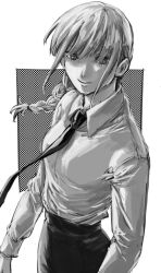 Rule 34 | 1girl, ajo cnsw, braid, braided ponytail, chainsaw man, collared shirt, floating neckwear, grey hair, greyscale, highres, looking at viewer, makima (chainsaw man), medium hair, monochrome, shirt, shirt tucked in, sidelocks, simple background, smile, solo, white background