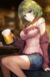 Rule 34 | 1girl, alcohol, arm at side, backlighting, bare shoulders, beer, beer mug, blue eyes, blurry, blurry background, blush, breasts, camisole, cleavage, closed mouth, collarbone, cup, dated, denim, denim shorts, feet out of frame, foam, food, gijang, green eyes, green hair, heterochromia, holding, idolmaster, idolmaster cinderella girls, jewelry, large breasts, lens flare, long sleeves, looking at viewer, mole, mole under eye, mug, necklace, off shoulder, open clothes, plate, shiny skin, short hair, short shorts, shorts, signature, sitting, sleeves past wrists, smile, solo, strap slip, table, takagaki kaede