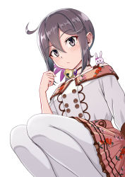 Rule 34 | 1girl, ahoge, akebono (kancolle), bell, closed mouth, commentary request, dress, floral print, hair bell, hair between eyes, hair ornament, highres, kantai collection, long hair, looking at viewer, official alternate costume, pantyhose, ponytail, porupurucha, purple eyes, purple hair, rabbit, rabbit on shoulder, side ponytail, simple background, solo, white background