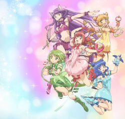 5girls aizawa_mint animal_ears aqua_gloves bare_shoulders bell blonde_hair blue_eyes blue_hair bow braid breasts bridal_garter cat_ears cat_girl cat_tail choker detached_sleeves double_bun dress fong_pudding fujiwara_zakuro full_body gloves green_choker green_eyes green_garter green_hair green_leotard hair_bun highres holding jingle_bell leotard long_hair looking_at_viewer magical_girl mew_ichigo mew_lettuce mew_mint mew_pudding mew_zakuro midorikawa_lettuce midriff momomiya_ichigo monkey_ears monkey_girl monkey_tail multiple_girls navel official_art open_mouth pink_choker pink_eyes pink_hair puffy_detached_sleeves puffy_sleeves purple_choker purple_eyes purple_hair purple_shorts purple_tube_top red_gloves second-party_source short_hair shorts smile sparkle strapless strawbell_bell tail tail_bell tail_bow tail_ornament tokyo_mew_mew tokyo_mew_mew_new tube_top weapon wings wolf_ears wolf_girl wolf_tail