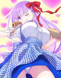 Rule 34 | 1girl, apron, bb (fate), blouse, bread, breasts, eyebrows hidden by hair, fate/grand order, fate (series), food, hair ribbon, holding, holding food, holding plate, large breasts, long hair, looking at viewer, looking down, mori marimo, one eye closed, plate, purple eyes, purple hair, ribbon, school uniform, shirt, skirt, smile, solo, underwear, waitress