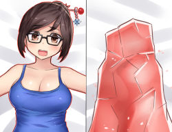 Rule 34 | 1girl, breasts, brown eyes, brown hair, cleavage, commentary request, gameplay mechanics, glasses, hair bun, hair ornament, hair stick, hairpin, ice, large breasts, mei (overwatch), neit ni sei, on bed, open mouth, outstretched arms, overwatch, overwatch 1, rock, sidelocks, single hair bun, spread arms, sweatdrop, tank top, upper body
