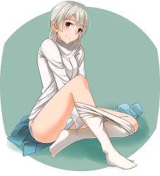 Rule 34 | 1girl, blonde hair, clothes pull, eila ilmatar juutilainen, highres, hiroshi (hunter-of-kct), long hair, looking at viewer, panties, pantyhose, partially undressed, purple eyes, smile, solo, strike witches, sweater, thighs, underwear, white panties, white pantyhose, world witches series