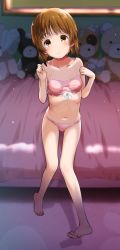 Rule 34 | 1girl, bare legs, bare shoulders, barefoot, bikini, boko (girls und panzer), brown eyes, brown hair, collarbone, commentary request, full body, girls und panzer, highres, indoors, kokekokko coma, looking at viewer, navel, nishizumi miho, on bed, pink bikini, ribs, short hair, sitting, solo, stuffed animal, stuffed toy, swimsuit, teddy bear